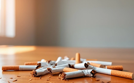 Разбросанные и сломанные сигареты на деревянном столе с мягким солнечным светом